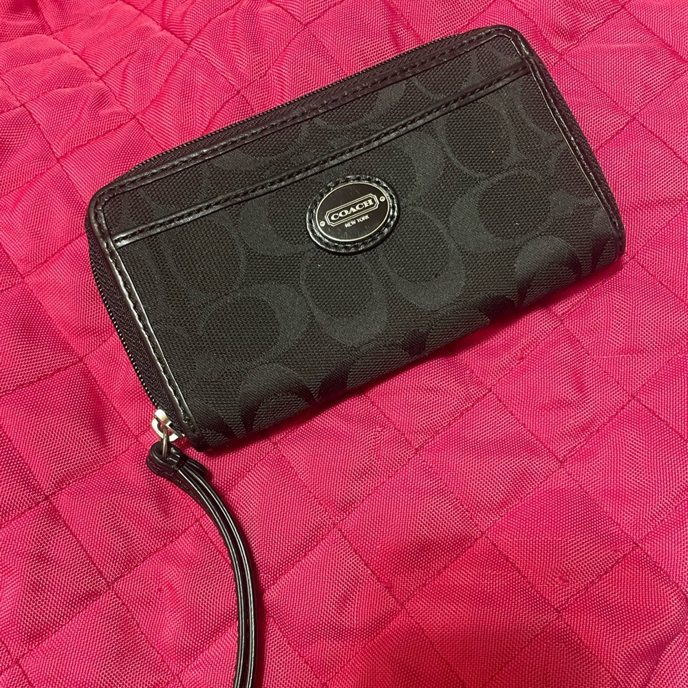 Coach black small zipper wallet wristlet with strap